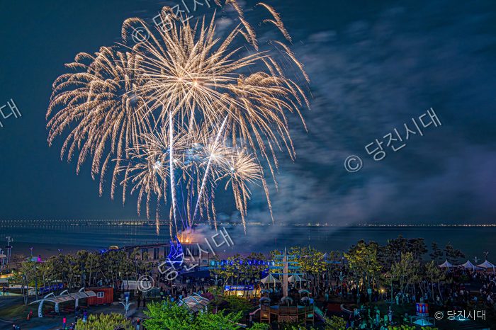 삽교호 밤하늘에 화려한 불꽃놀이가 펼쳐지고 있다.
