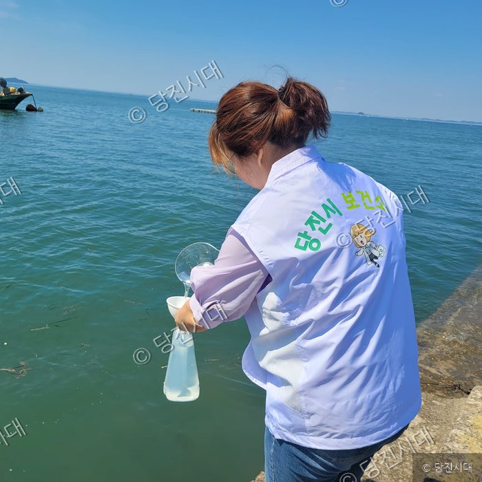 당진시보건소 관계자가 바닷물을 채취하고 있다.