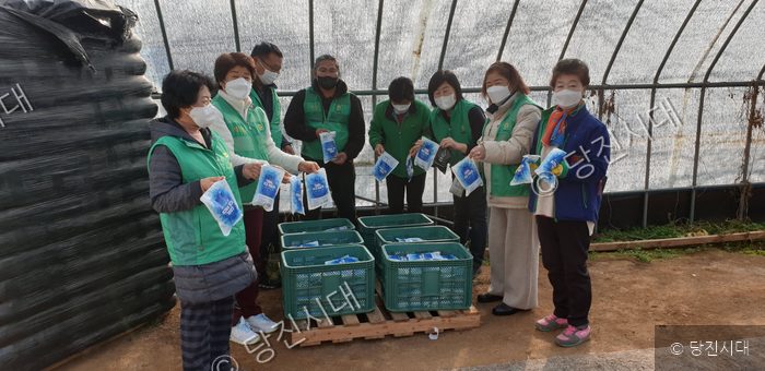 마을 주민들이 비닐하우스 안에서 아이스팩을 분류하고 있다.