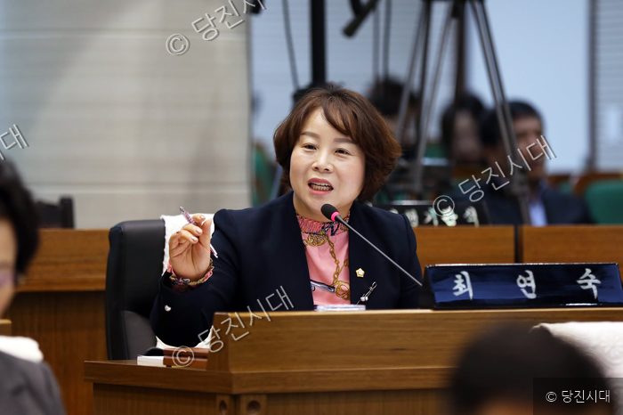 최연숙 의원이 의회 회의장에서 발언하며 손을 들고 있다.