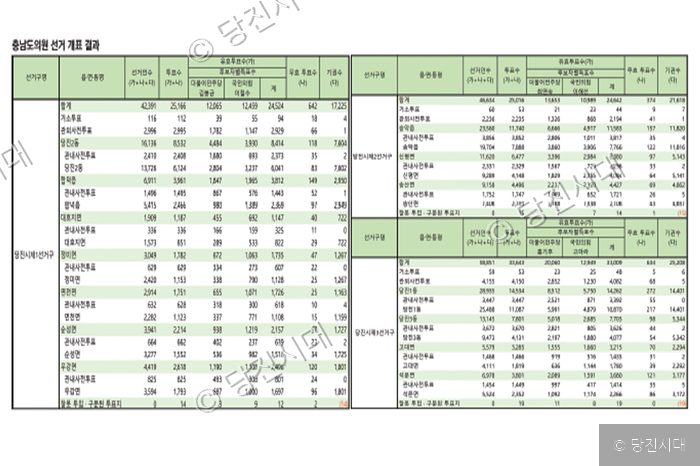 충남도의원 선거 개표 결과를 정리한 표가 제시되어 있다.