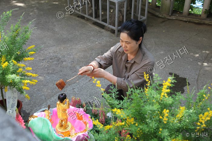 보덕사에서 한 여성이 불상에 물을 붓고 있다.