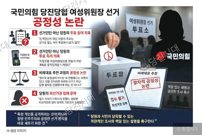 국민의힘 당진당협 여성위원장 선거 공정성 논란을 다룬 이미지이다.