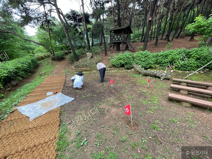 환경공단 관계자들이 삼선산수목원에서 토양 시료를 채취하고 있다.