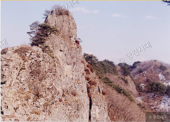 기암절벽과 소나무가 어우러진 산세의 풍경이다.