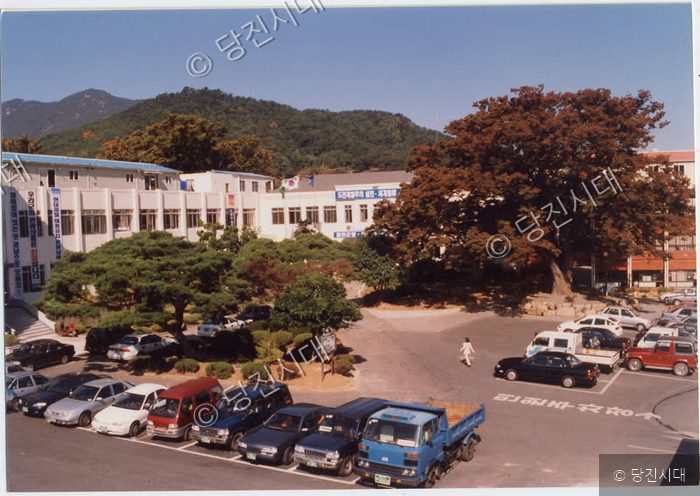 당진군청사 전경과 주차장의 모습