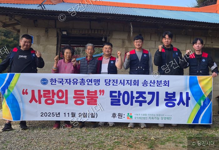 한국자유총연맹 당진시지회 송산분회 회원들이 사랑의 등불 달아주기 봉사활동을 하고 있다.