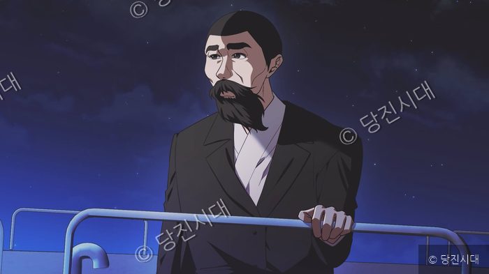 웹툰 속 남성이 난간에 기대어 서 있다.