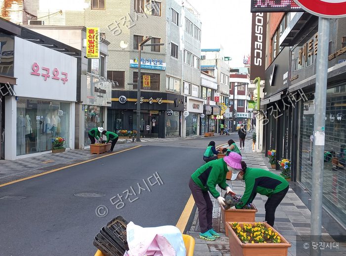 새마을운동 회원들이 거리에 화분을 정리하고 있다.