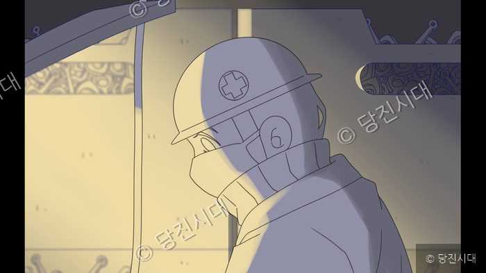 웹툰에 등장하는 인물이 작업하는 모습을 보여주고 있다.