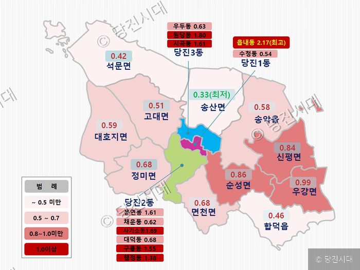 당진시의 읍면동별 표준지 공시지가 변동률을 보여주는 지도가 배치되어 있다.