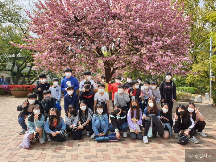 당진초등학교 학생들이 남산우리마을에서 벚나무 아래 기념사진을 찍고 있다.