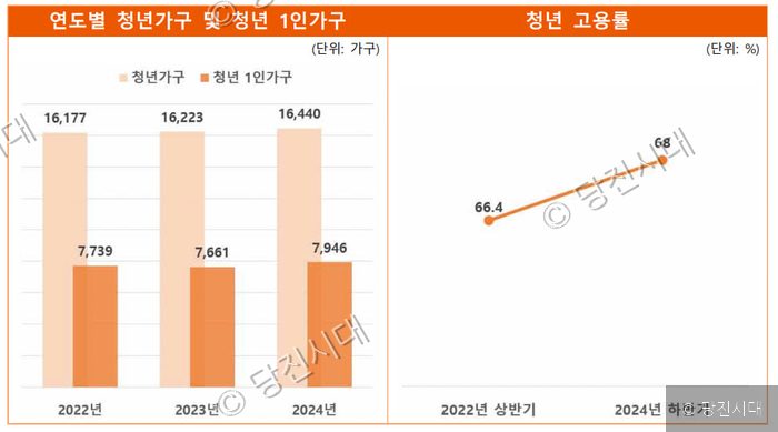 연도별 청년가구 및 청년 1인가구와 청년 고용률을 나타내는 그래프이다.